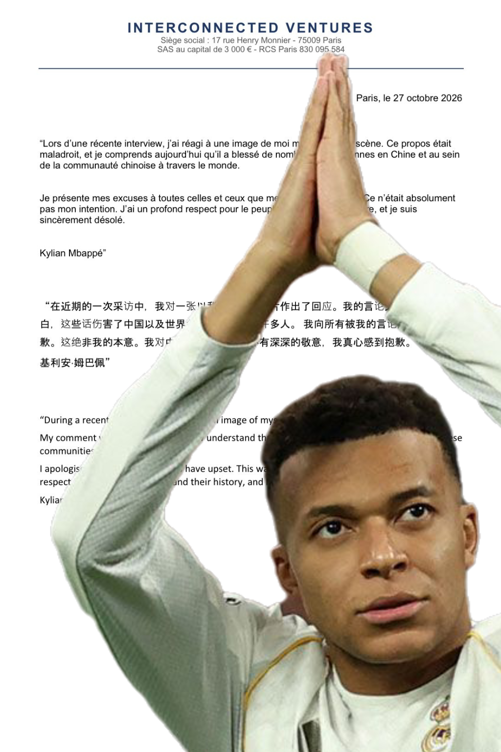 Mbappé pide perdón a China en un comunicado